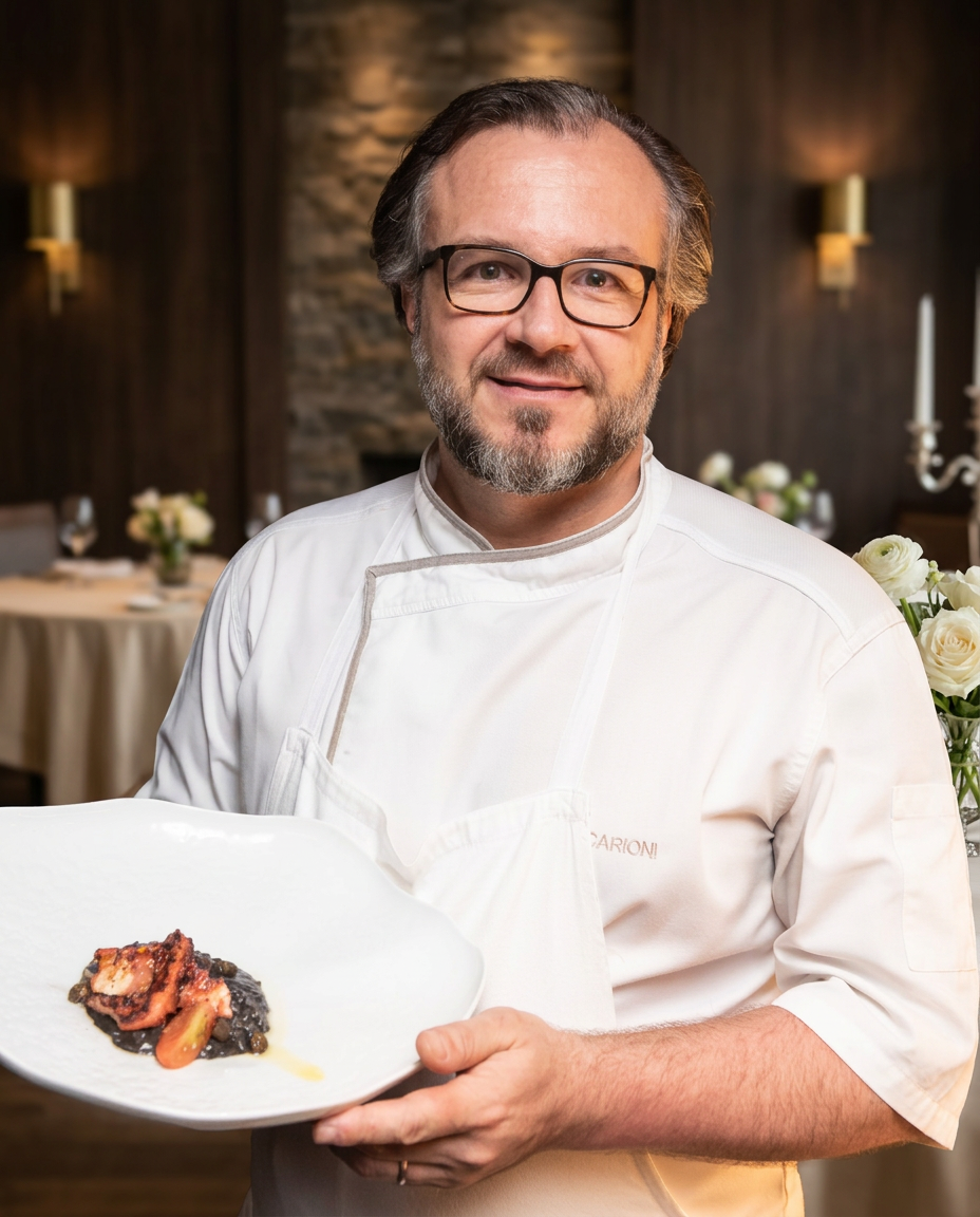 Chef Renato Carioni segurando um prato autoral em restaurante sofisticado