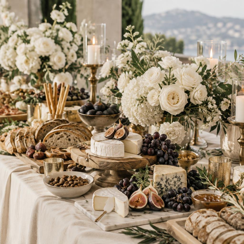 Grazing table com queijos, figos, pães e flores brancas em tons de creme e dourado
