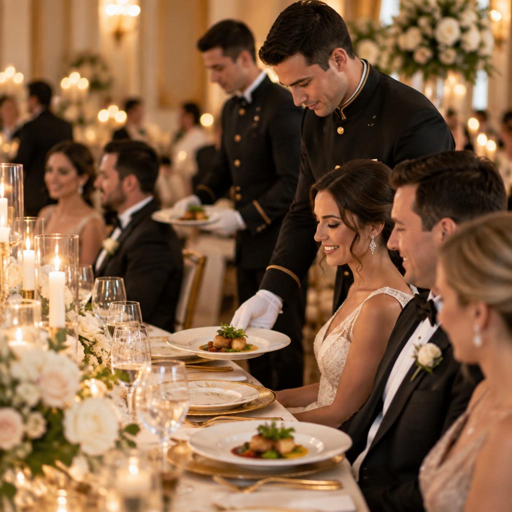 Equipe de garçons servindo pratos finos aos noivos em mesa de casamento à luz de velas