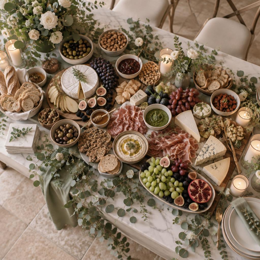 Mesa de ilhas interativas com queijos, frutas, embutidos e decoração floral em tons neutros