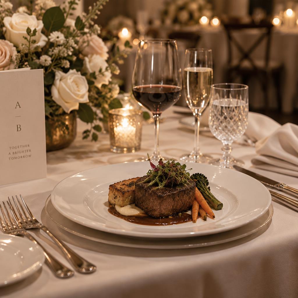 Prato principal de jantar contemporâneo em casamento com taças e flores ao fundo