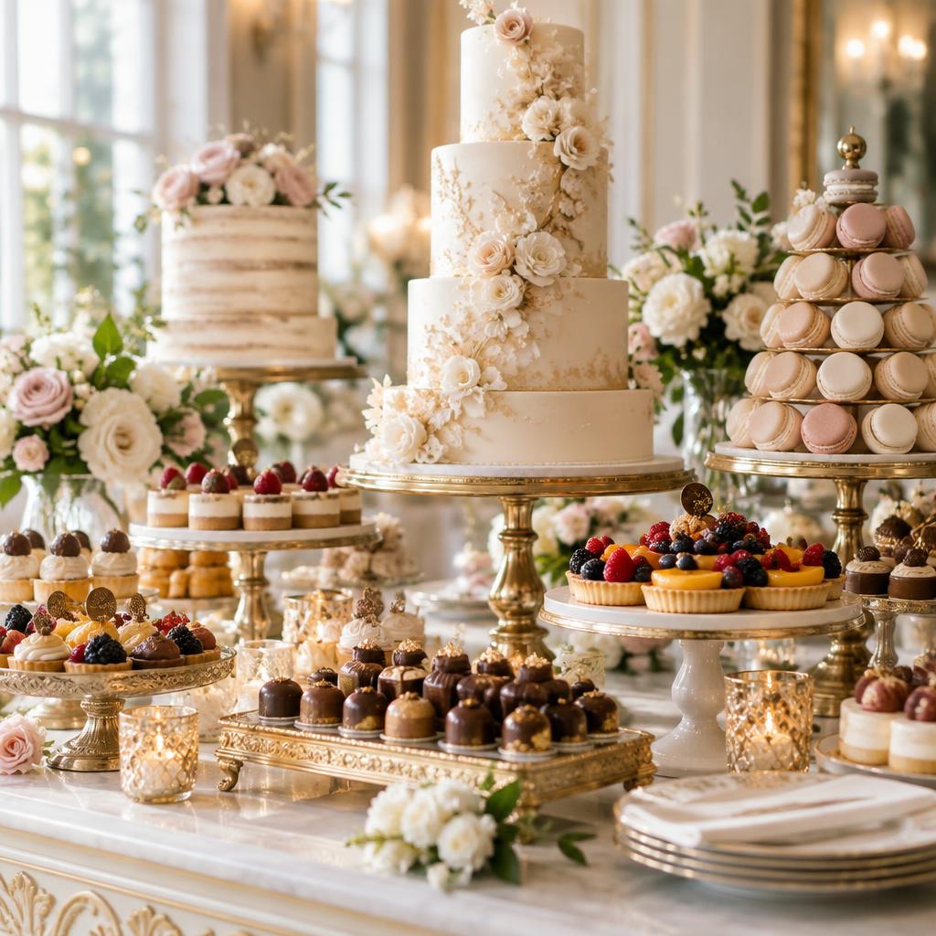 Mesa de doces finos com bolos, macarons e sobremesas em tons de creme e dourado