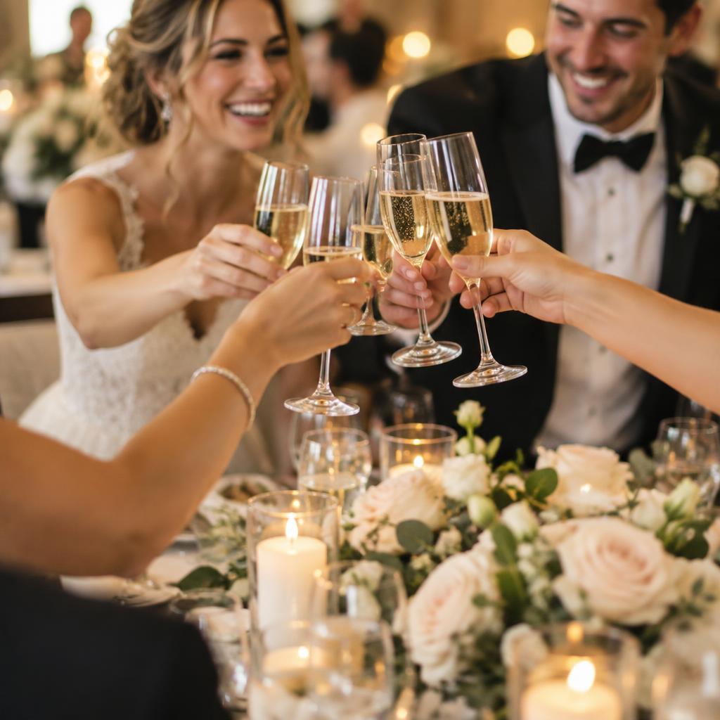 Taças de espumante em brinde durante celebração de casamento